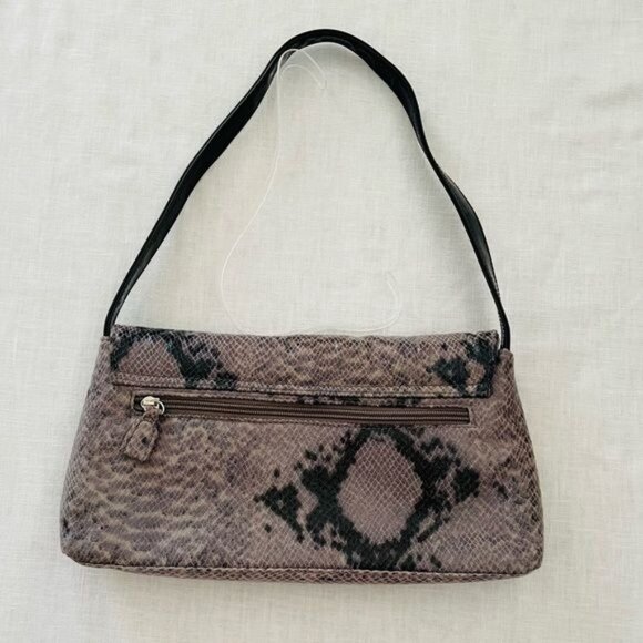 Faux Snakeskin Shoulder Bag Gray Black Patent Buckle Flap Y2K Style - Picture 4 of 13